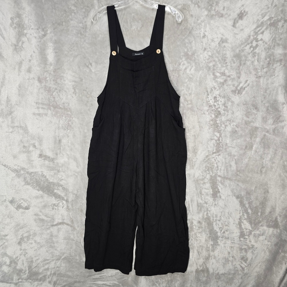 Automet Overalls Women XL Black Linen Blend Wide Leg Jumpsuit Lagenlook Minimal